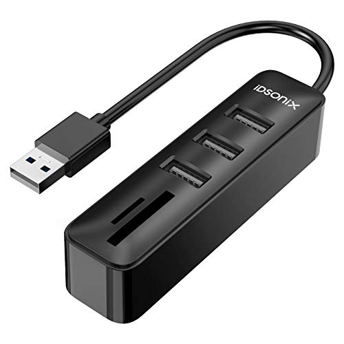 Hub USB, iDsonix 5 en 1 Hub de données USB avec 3 Ports USB et 2 lecteurs de Cartes SD&TF Combo pour Ordinateurs Portables, tablettes, PC, MacBook, Windows, Linux, Cartes SD, TF -15cm Noir Cover