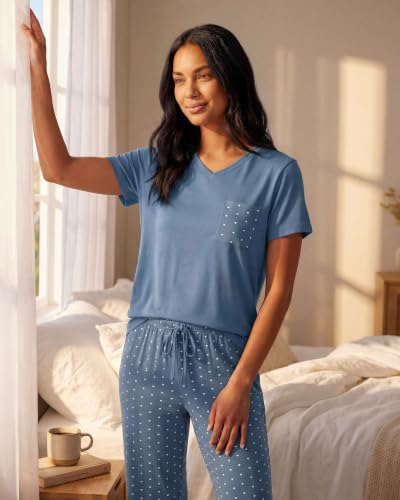 Image of Real Essentials 2 Pack: Women's Comfy Pajama Sets - Short Sleeve Ladies Loungewear Sleepwear PJs (Available In Plus)