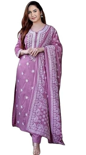 Image of Women's 3 /4 Sleeves Cotton Sulb Embroidered Work Kurti with Matching Pant & Embroidered Dupatta Set