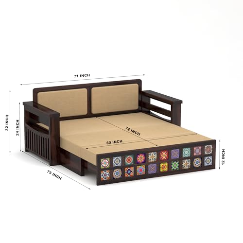 Image of Solid Sheesham Wood Sofa Cums Bed with Cushioned Seating & Handcrafted Tile Storage Front | Rosewood Convertible Sofa Bed for Living Room & Bedroom (Walnut)