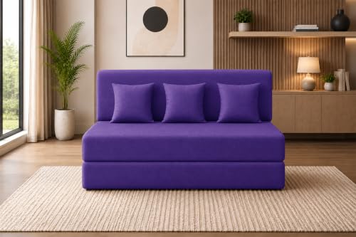 Image of Sofa Cum Bed with Jute Fabric, Convertible Three Seater Sofa Bed 5x6 Ft, Comfortable Cushioned Seating, Space Saving Design for Living Room, Bedroom & Guest Room - Purple Color