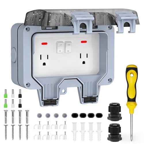 Double Outdoor Outlet with Box Waterproof IP66 Outdoor Electrical Receptacle, Outdoor Power Outlet with Cover,Switch Indicator, Exterior Wall Electrical Box for Garden,Yards,Swimming Pool(Gray)