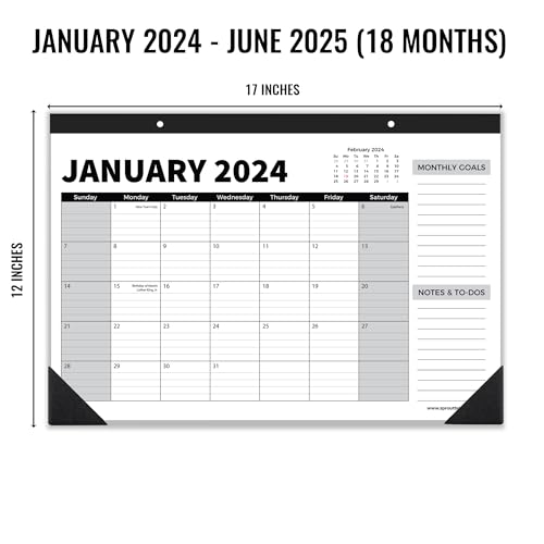 Sproutbrite 18 Month Calendar - 17\" x 11.5\" - Desk Calendar 2024-2025 - Desktop Monthly Planner with To-Do List and Notes, Home, Office Desk Calendar, School, and Teacher Planning Tool