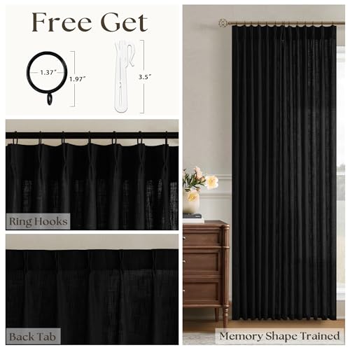 Image of Black Linen Semi Sheer Curtains 96 Inches Long for Living Room Pleated | Bedroom, Light Filtering, Textured, Burlap, Pinch Pleated, Hooks Rings, Back Tab, for Sliding Glass Door, 1 Panel, 96 Length