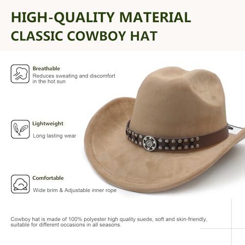 Image of Cowboy Hat for Women Men Wide Brim Western Cowgirl Hat Roll up Brim with Belt Buckle Classic Suede Country Cowboy Hat