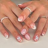 4th of July Press on Nails Short Oval - Red White & Blue French Tip with Stripes, Stars & Bow, Full Cover Glossy Fake Nails 24PCS for Women