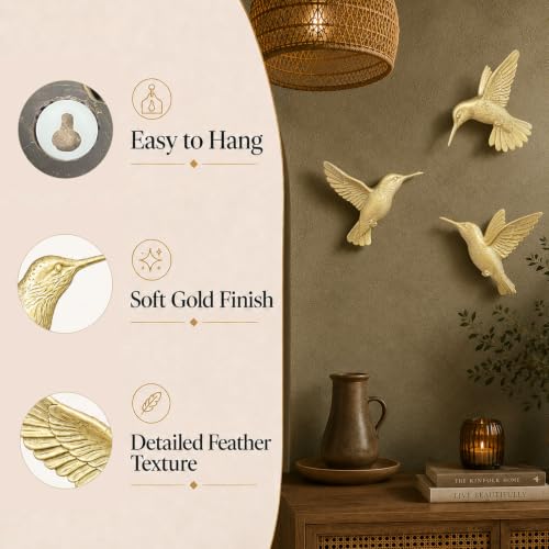 Image of GUSFREUD 3D Hummingbird Wall Decor Set - Gold Resin Bird Wall Decor for Living Room, Bedroom and Gallery Walls - Champagne Gold - Set of 3