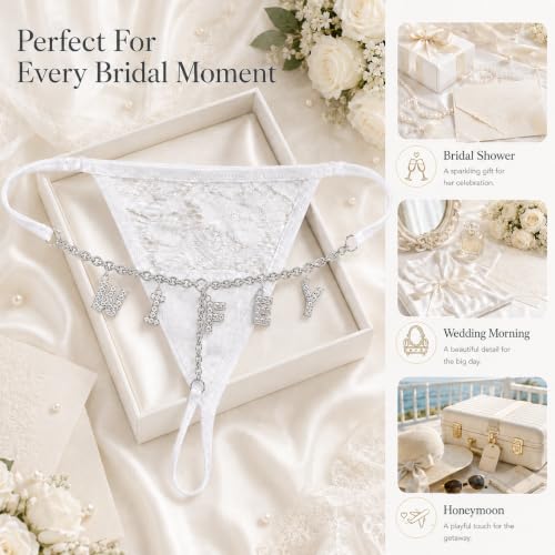 Image of WIFEY Rhinestone Lace Thong for Bride, Bridal Shower & Bachelorette Party Gift, Wedding Day Lingerie, Honeymoon Underwear, Adjustable One Size Fits Most