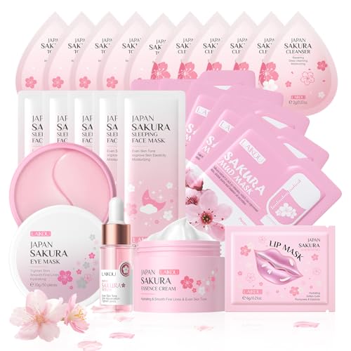 LAIKOU Skin Care for Teenage Girls Sakura Skincare Set Pamper Sets for Women Gifts Facial Skin Care Sets & Kits - Toner Cleanser Face Serum Cream Sleep Mask Eye Mask Mud Mask Lip Mask 24PCS