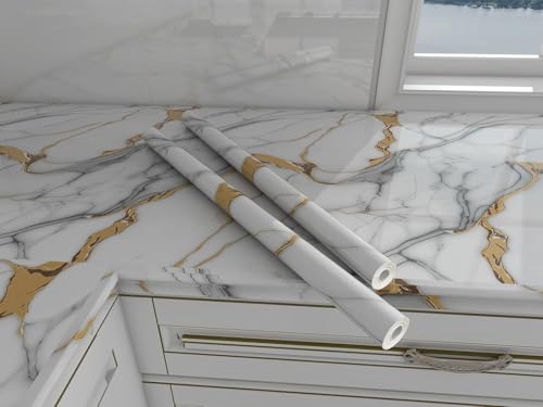 Image of D-fix Marble Peel and Stick Wallpaper for Home Decor, Waterproof Self-Adhesive Wall Stickers for Kitchen, Bathroom, Living Room - Wall Paper (60X200 CM (Golden Line Grey)