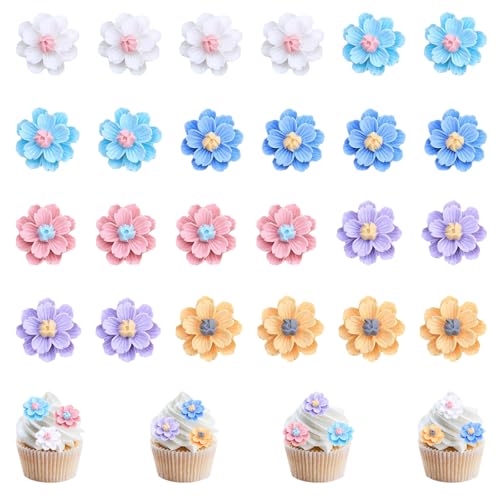 Decoration Gateau Fleur, 24 Pièces Fleurs de Gâteau, Fleurs en Résine, Décorations de Desserts, Cupcake Toppers, Décoration Alimentaire, pour Anniversaire D'enfant Mariage Fête à Thème
