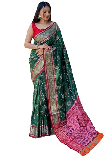 Image of Panzora Women's Patola Silk Meenakari Work Saree With Unstitched Blouse Piece