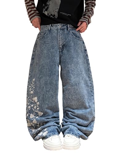 QGRSWBC Men's Baggy Jeans Blossom Embroidery Pattern Wide Leg Y2K Jeans Mid Rise Denim Pants Streetwear Snowflake Blue XXL