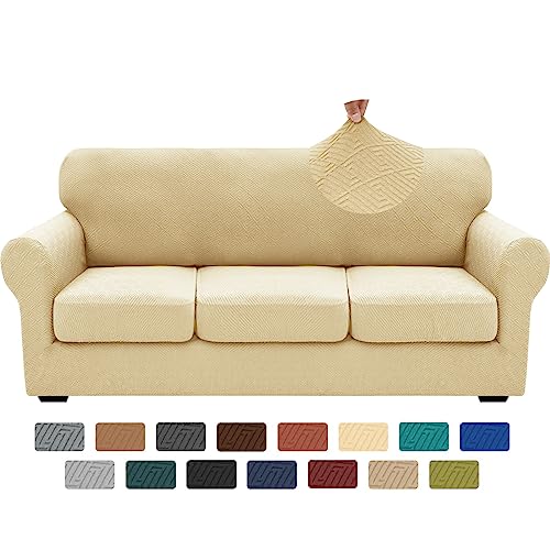 XINEAGE 2025 New 4 Pieces Couch Covers for 3 Cushion Couch Super Stretch Thick Soft Sofa Cover Anti Slip Sofa Slipcover Dogs Cats Furniture Protector (Beige, 71"-91")
