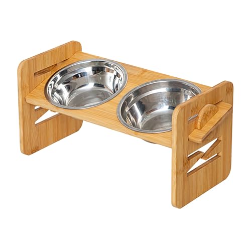 Dog Feeding Station - Wood, 15.75x7.09x7.68in Tilt Raised Double Bowls | Adjustable Angle Pet Food & Water Dish, Elevated Feeding Bowl For Dogs, Cats, Puppies, Pets, Easy Cleaning, Home, Apartment