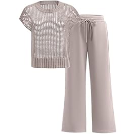ANRABESS Women Two Piece Outfits Crochet Sheer Knit Sweater Top Wide Leg Pants Lounge Matching Sets Sweatsuit Travel Clothes