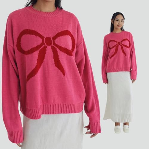 Image of Women Cute Bow Knit Sweater Y2k Long Sleeve Crew Neck Knitted Pullover Top Oversized Going Out Fall Winter Knitwear