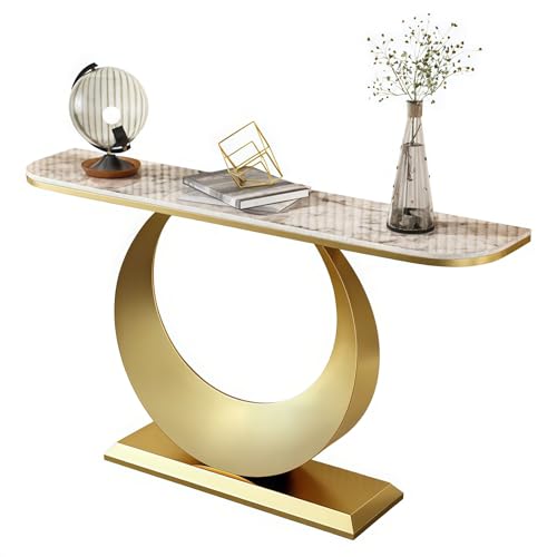 HPIRFYE Mesa Consola Moderna con Y Marco Metálico,Mesa Auxiliar para Sofá Diseño Único,Decoración Y Almacenamiento,para Salón Pasillo Entrada Recibidorpara(Natural+Gold,100cm)