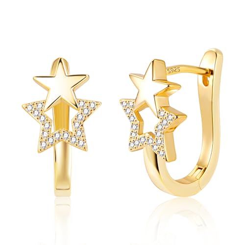 ALEXCRAFT Pendientes Aro Pequeños Estrella Oro, Pendientes Huggie Gruesos Circonitas, Chunky, Minimalistas, Brillante, Hipoalergenicos, 14K Oro, Geométrico, Mujer, Hombre, Regalos de Joyerí