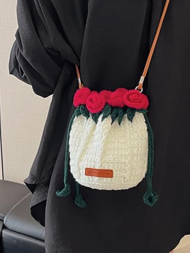 Rose handmade woven crossbody bucket bag, mobile phone bag, gift – perfect for women4