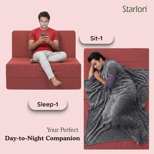 Image of Starlon 2 Seater Foldable Sofa Cum Bed 3-in-1 with 2 Floral Pattern Pillows, Washable Jute Fabric Cover, Space Saving Guest Bed, Pre-Assembled Royal Maroon 4x6 Ft