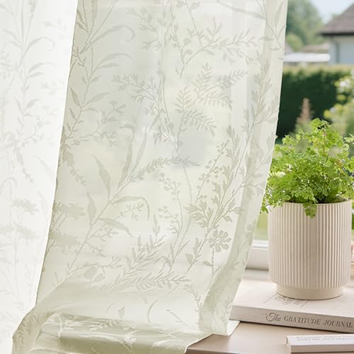Anmao Cream Semi Sheer Light Filtering Curtains 84 Inches Long 2 Panels, Leaf Pattern Drapes for...