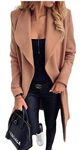 Women's Cardigan Trench Wool Blend Coat Long Sleeve Pea Coat Lapel Open Front Jacket Cardigan Khaki S