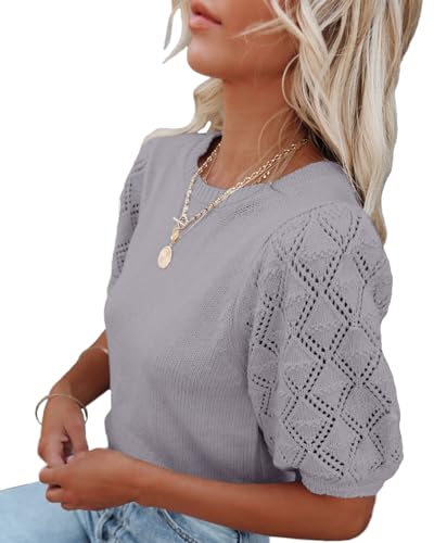 Image of Womens Short Sleeve Sweaters Crewneck Knit Pullover Tops 2025 Summer Casual Lightweight Crochet Blouse Shirt
