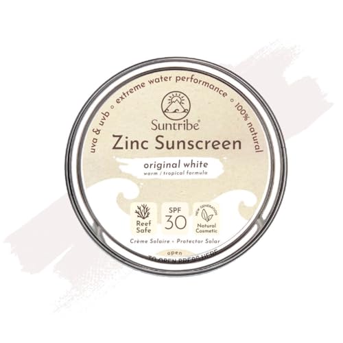 Protector Solar Natural Mineral Zinc FPS 30 Suntribe - 45 g, Blanco Original, Ecológico - 100% Natural, Seguro para Arrecifes - Surf & Deporte - Filtro UV Mineral - Muy Resistente al Agua