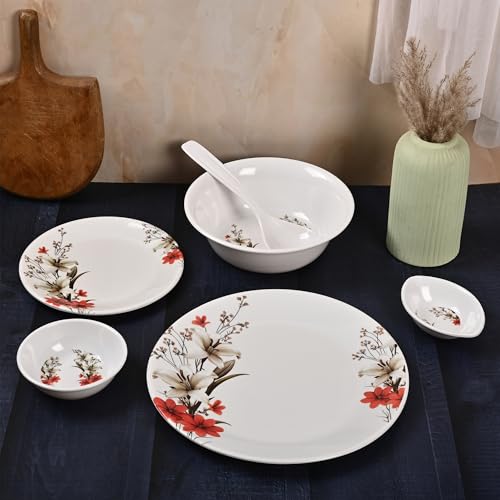 Image of Golden Fish 24 Pieces Premium Dinner Set for 6 People | 6 Full Plates, 6 Quarter Plates, 6 Veg Bowls, 2 Donga, 2 Serving Spoon & 2 Pickle Bowls | Complete Dining Set for Family, Guests & Festive Use