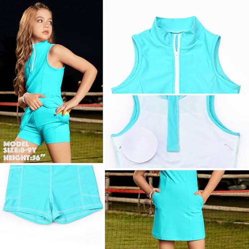 Image of Perfashion Girls Tennis Dress 1 /4 Zip Golf Outfit Built-in Bra & Shorts Pickleball Athletic Dress Workout Pockets 4-13Y