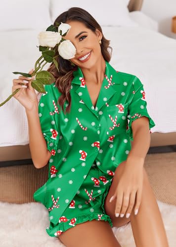 Image of Ekouaer Satin Pajama Set for Women Button Down Silk 2 Piece Pj Sets Ruffle Short Sleeve Sleepwear