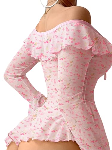 Image of Foxiny Sheer Ruffle Long Sleeve Babydoll Lingerie Dress | Off-shoulder neckline, flared cuffs and a flounce hem add movement; thong and thigh-high stockings complete the 3-piece set