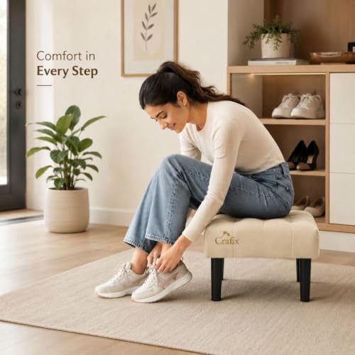 Image of Upholstered Foot Rest Ottoman Stool with Wooden Legs, Tufted Footstool for Living Room, Bedroom, Makeup Vanity, Entryway, Comfortable Footrest Bench, Modern Accent Ottoman (Creme)