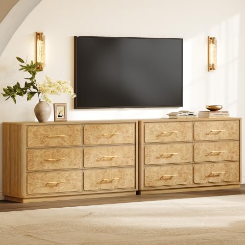 Image of SICOTAS 110 inch Extra Wide Dresser for Bedroom- Burl 6 Drawer Chest of Drawers