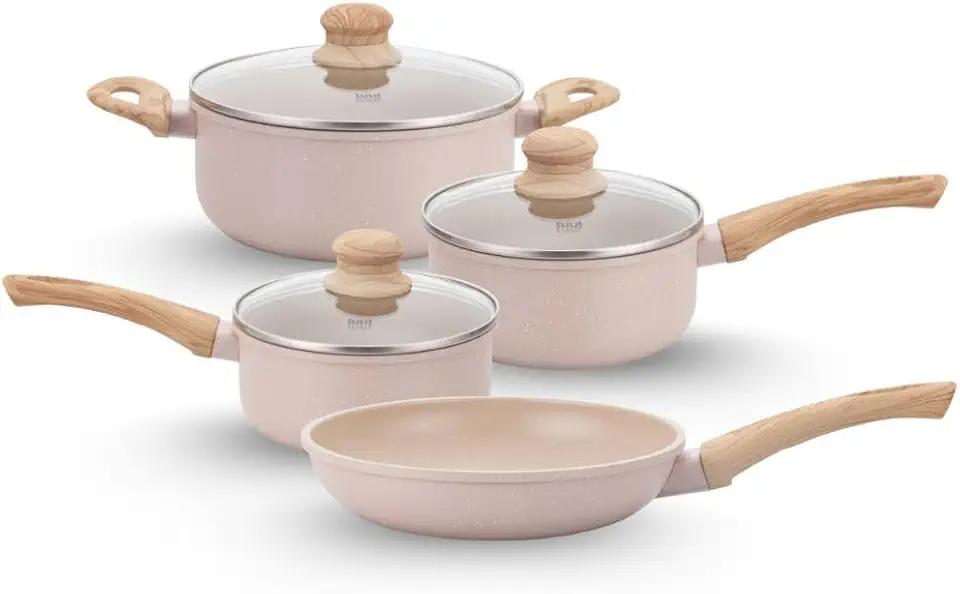 Jogo de Panelas Indução Antiaderente 4 Peças, Revestimento Cerâmico, Alumínio e Fundo Triplo (Vanilla)