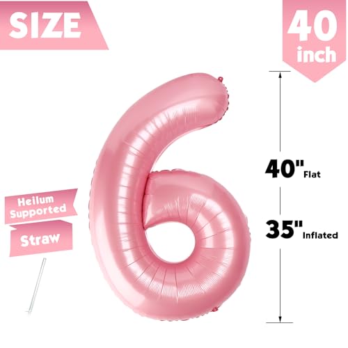 Image of 40 Inch Pastel Pink Number 6 Balloon, 6th Birthday Party Decorations