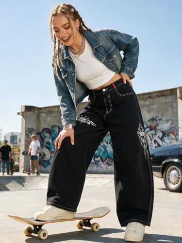 Image of EMMIOL Women Hip Hop 90s Vintage Baggy Jeans Denim Pants Mid Waist Jeans