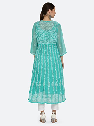 Image of FAWOMENT Women's Georgette Yok Anarkali Kurta with Intricate Lucknowi Chikankari Fine Hand Crafted Embroidery