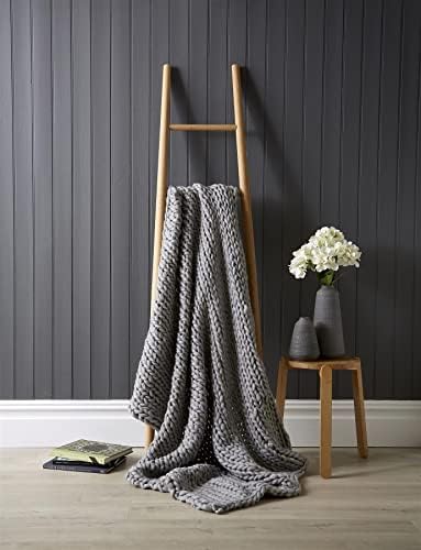 Olivia Rocco Chunky Knit Throws Hand Knitted Throw Modern Large Soft Sofa Bed Throw Wooly Cable Blanket, Grey