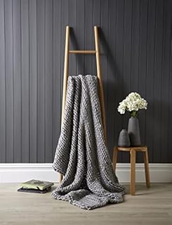 Olivia Rocco Chunky Knit Throws Hand Knitted Throw Modern Large Soft Sofa Bed Throw Wooly Cable Blanket, Grey