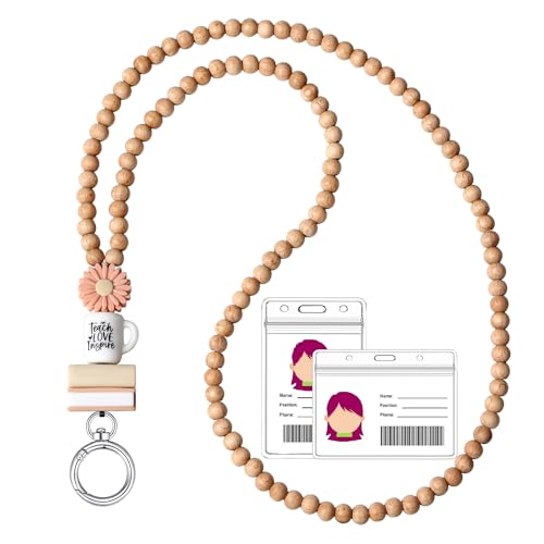 Image of Teacher Lanyard Lanyards for ID Badges Keys Women Wood Silicone Beaded Lanyard with ID Holder Work Jewelry