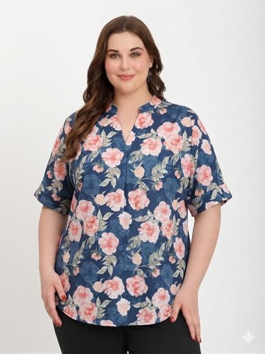 Image of SINDOORI Relaxed Fit Tops for Women Plus Size Solid Printed Mandarin Collar, Band Collar, V-Neck Top, Half Sleeve Loose Fit