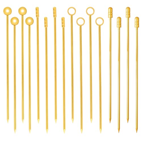 16 palillos de cóctel, palillos de dientes de cóctel de 4.3 pulgadas, brochetas de oliva Martini para decorar cócteles, doradas, reutilizables, pinchos Bloody Mary para aperitivos de frutas y
