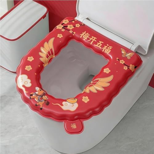 Toilet Seat Cover Waterproof Eva Standard Non Slip Bathroom Mat Soft Warm Clean Sticky Backing Fit Red 37x42cm Decor(F) - 1