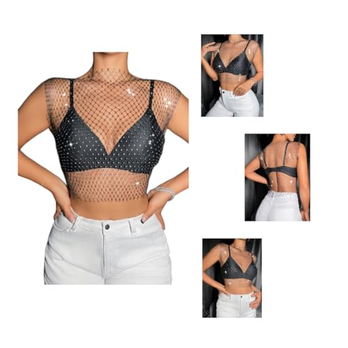 Women Glitter Tank Tops, Black Sexy Mesh Diamond Hollow Out Crop Tops, See Through Rhinestone Studded Crop Tops2