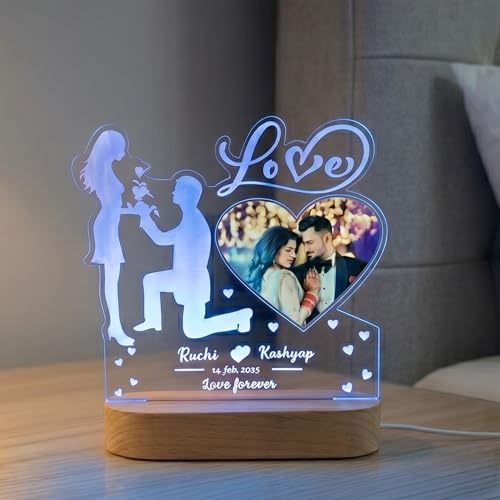 Image of Personalized Couple LED Acrylic Lamp - Custom Photo Frame Night Light, Romantic Proposal Design Gift for Anniversary, Wedding, Valentine's Day