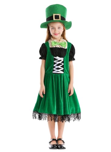 Kids Girls Leprechaun Costume Irish Green Shamrock Dress with Lucky Hat St. Patrick's Day Outfit (Green, Medium)