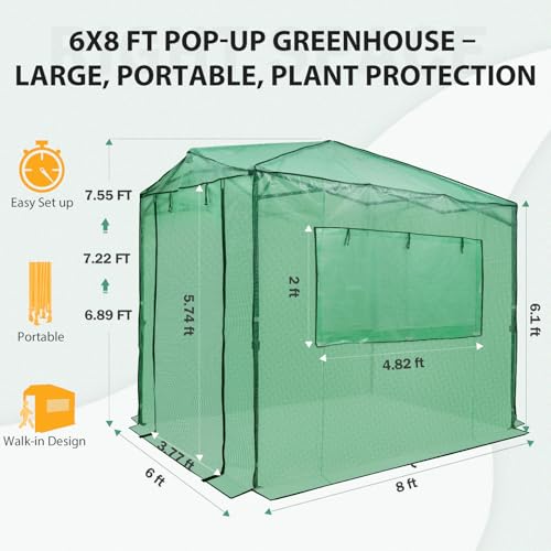 Image of EAGLE PEAK 8x6 Easy Setup Pop Up Greenhouse, Clear /Green