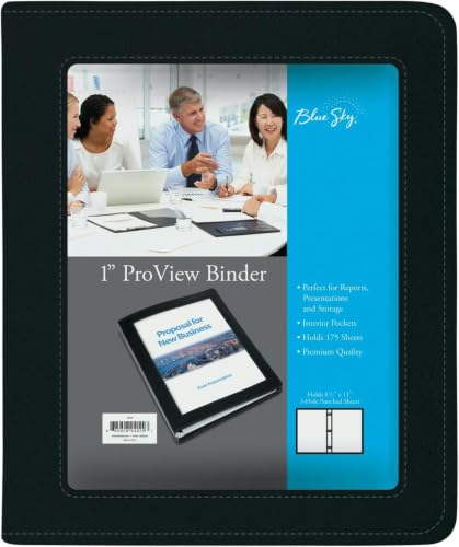 Image of Blue Sky ProView Legacy Black 3 Ring Binder, Letter Size, 1 inch, Textured Faux Leather Cover, Built-in Pockets, Holds 175 Sheets (94029) (Pack of 12)